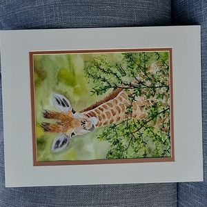 Giraffe watercolor painting , matted ready to frame